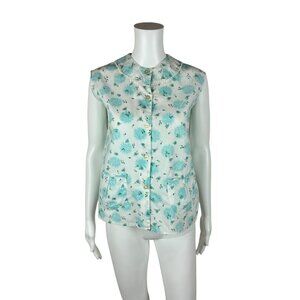 Vintage 60s Floral Top Women's Medium Aqua Pastel Button Down With Pockets